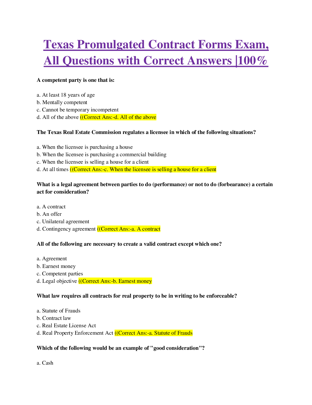 Preview of Texas Promulgated Contract Forms Exam, All Questions with Correct Answers |100%